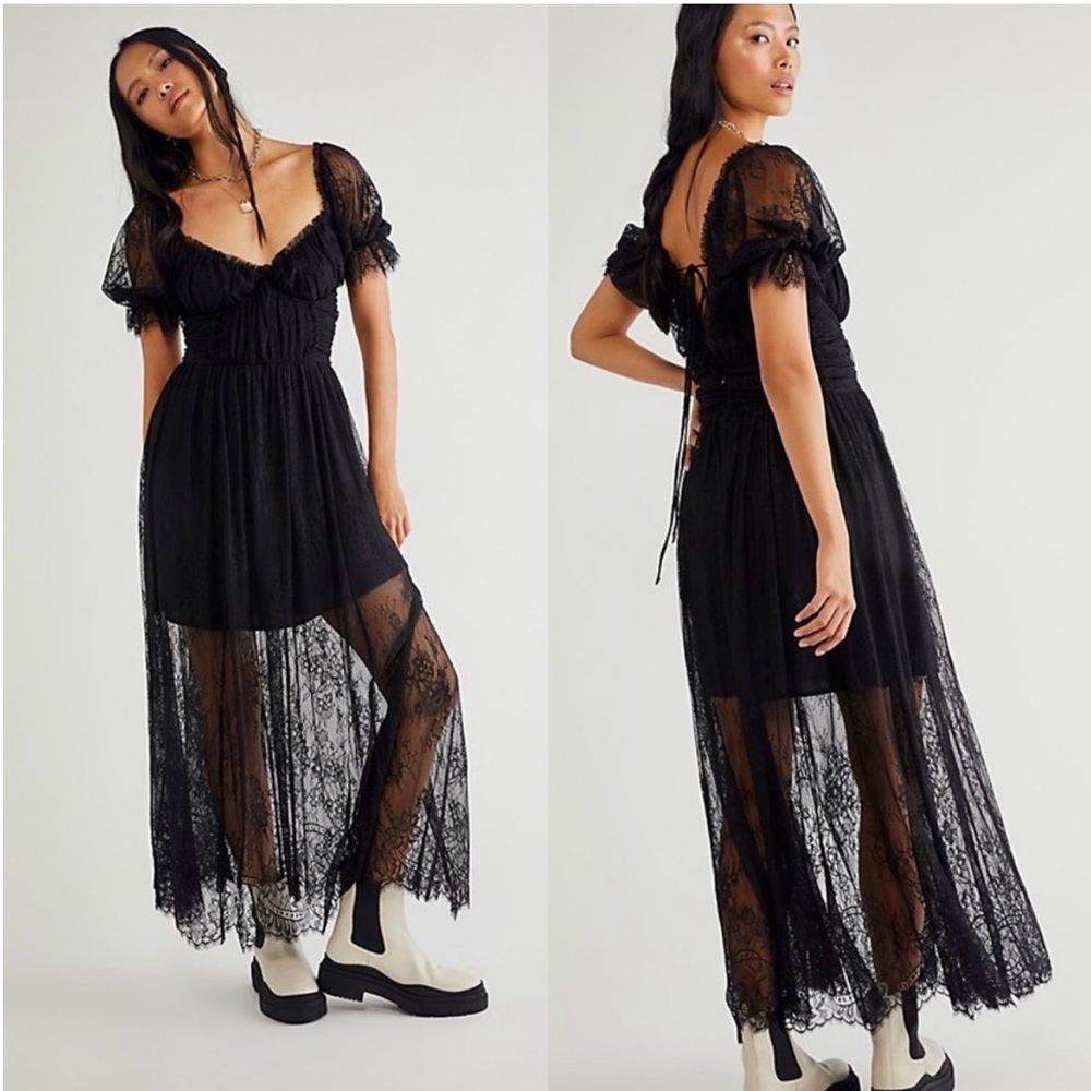 Free People black lace Dress Dear Jane Lace Midi Ruched Underwire Wedding Black